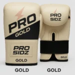 Professional training boxing gloves PRO SIDZ Gold series with wrist support strap, reinforced stitching and ergonomic design for sparring and heavy bag work