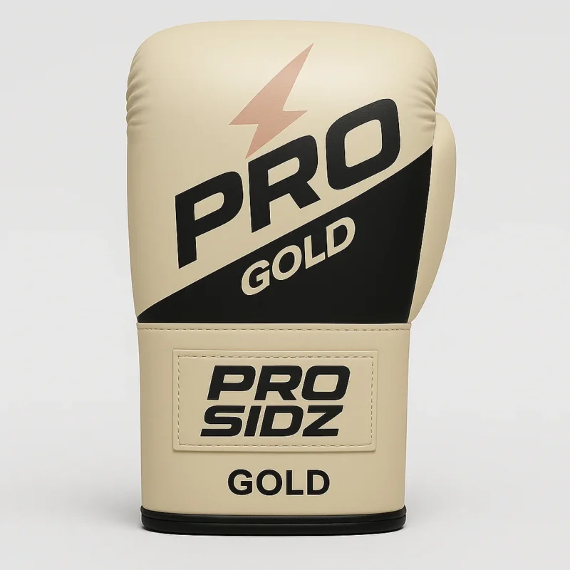 PRO SIDZ Gold Boxing Gloves front and back view showing black logo, lightning bolt design, hook and loop closure on cream colored premium synthetic leather