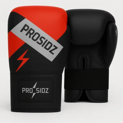 PRO SIDZ bag boxing gloves red and black heavy bag training gloves with lightning bolt design silver branding and hook and loop wrist closure for punching bag workouts
