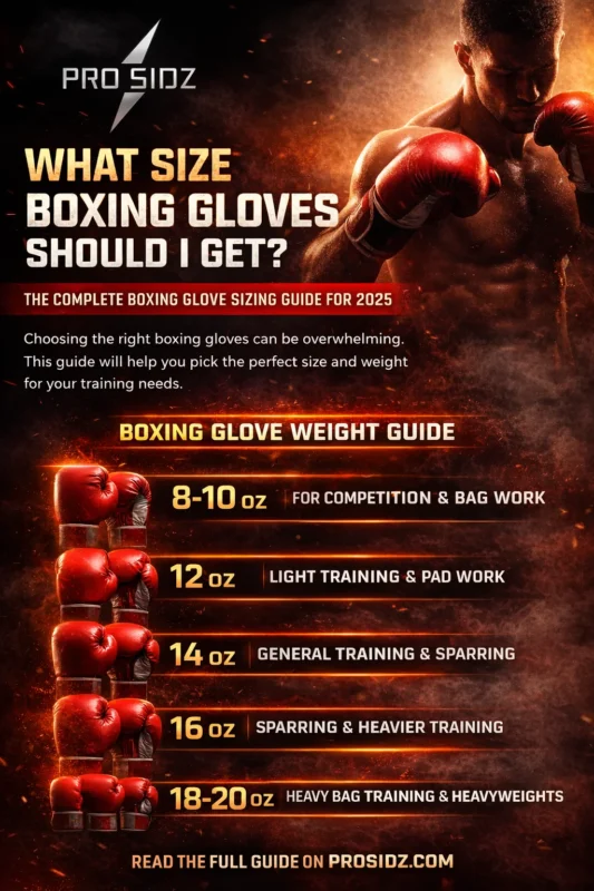 ProSidZ boxing glove sizing guide 2025 poster showing glove weights 8–20 oz for training and sparring