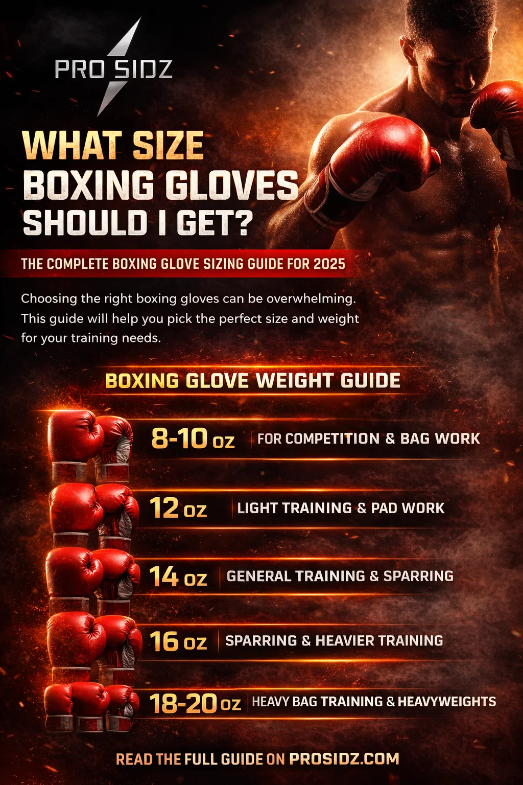 ProSidZ boxing glove sizing guide 2025 poster showing glove weights 8–20 oz for training and sparring