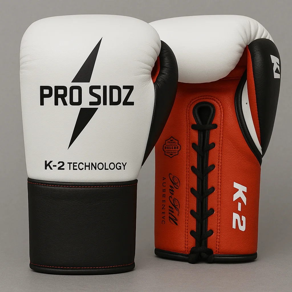 pro-sidz-hypera-x-boxing-gloves-white-red.jpg Pro Sidz HYPERA-X Series KC2 professional lace-up boxing gloves featuring white exterior, red palm with MaxAm authentic design, and black trim with lightning bolt logo