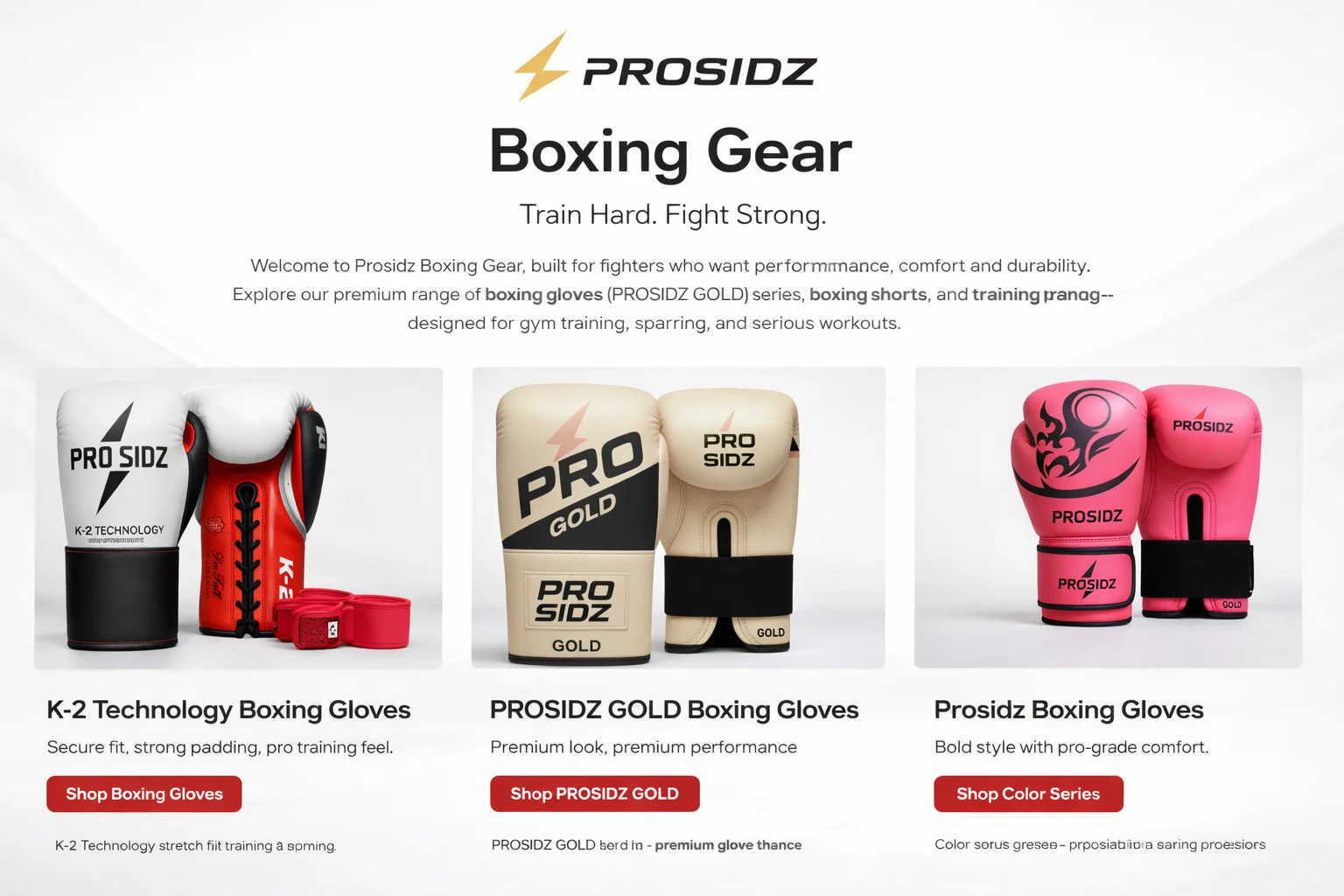 Prosidz boxing equipment including professional boxing gloves, punching bag, boxing shorts and training gear