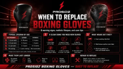 When to replace boxing gloves guide showing worn gloves, warning signs, lifespan, and care tips with PROSIDZ logo