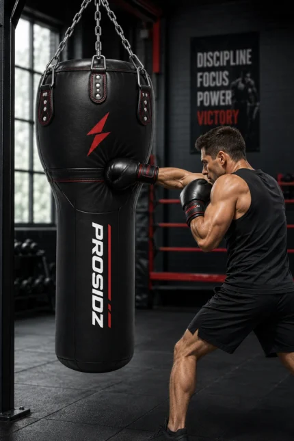 Boxer training with PROSIDZ heavy duty boxing MMA punching bag in gym