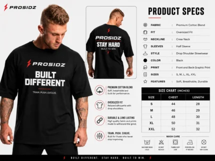 Men’s black drop shoulder gym streetwear T-shirt by Prosidz