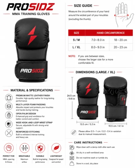 Prosidz black MMA training gloves with matte leather finish and red logo