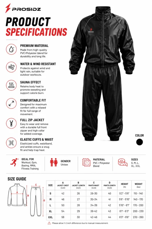 PROSIDZ sauna suit product specifications showing premium material, sauna effect, wind resistance and full zip jacket features