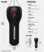 Product specification image showing the height, diameter, material, filling, hanging system, and training use of the PROSIDZ heavy-duty punching bag.
