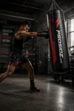 PROSIDZ punching bag specification image with size, material, chain system, and training features.