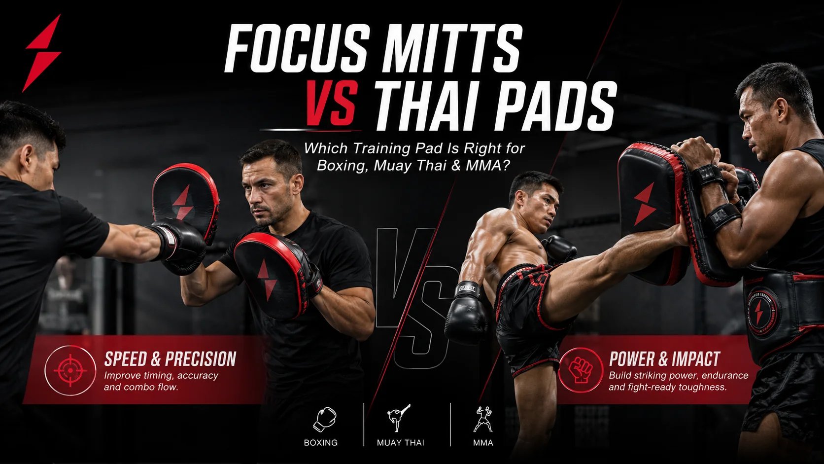 Focus mitts vs Thai pads comparison for boxing, Muay Thai, and MMA training, showing speed punch drills and powerful kick pad training with Prosidz branding.
