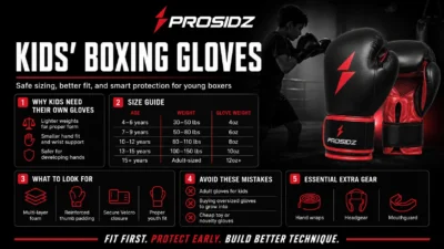 Kids’ boxing gloves guide showing youth glove sizing, safe fit, multi-layer padding, Velcro closure, and PROSIDZ logoA clean PROSIDZ guide to kids’ boxing gloves, covering proper youth sizing, lighter glove weights, safe padding, Velcro closure, and essential protective gear.