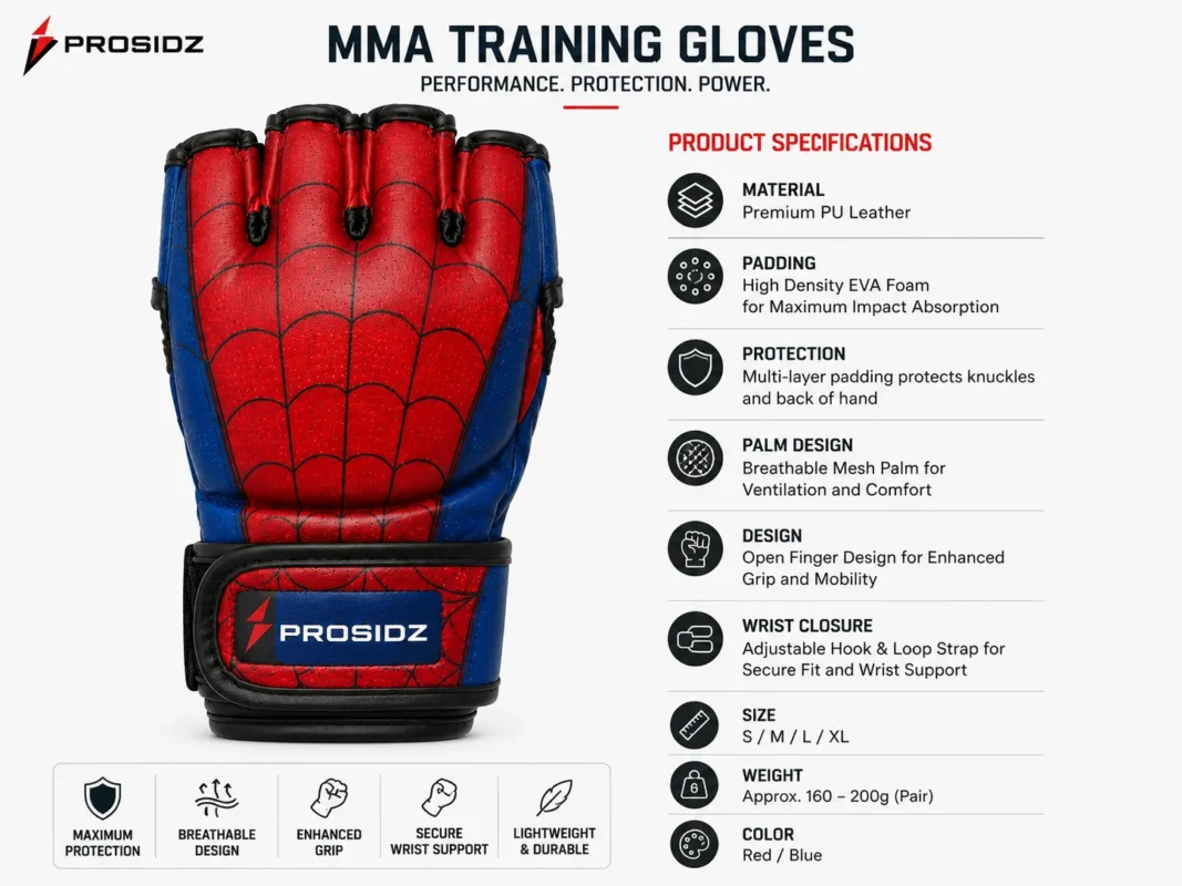 PROSIDZ kids spider web MMA gloves red and blue front view