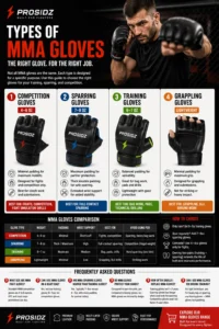 MMA sparring gloves vs training gloves comparison showing padding, weight, wrist support, and PROSIDZ logo