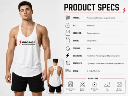 White Prosidz stringer tank back view with training neck print