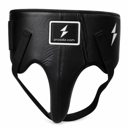 PROSDIZ black boxing groin guard front view with premium protective padding and adjustable straps