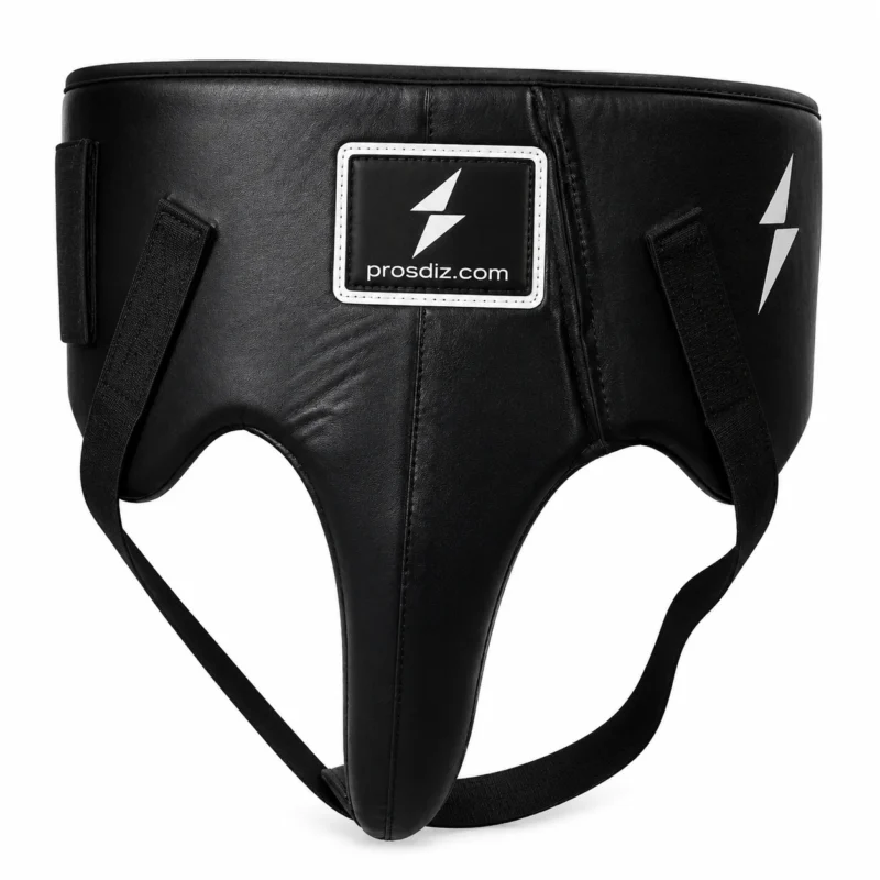 PROSDIZ black boxing groin guard front view with premium protective padding and adjustable straps