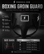 Side view of PROSDIZ boxing groin protector with black synthetic leather and elastic support straps