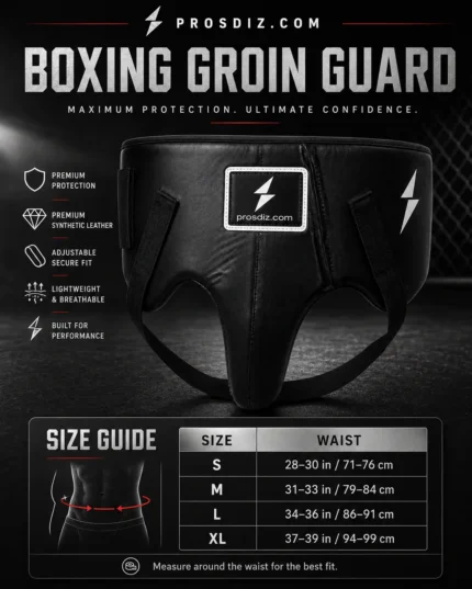 Side view of PROSDIZ boxing groin protector with black synthetic leather and elastic support straps