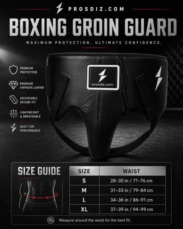 Side view of PROSDIZ boxing groin protector with black synthetic leather and elastic support straps