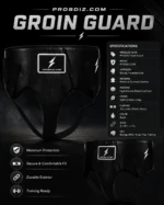 PROSDIZ boxing groin guard specification image showing material, padding, lining, closure, and size details