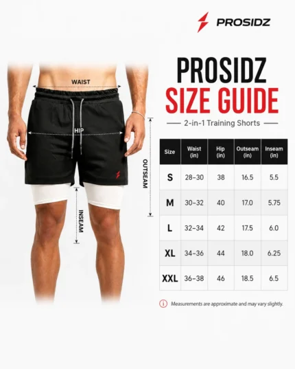 PROSIDZ men’s black 2-in-1 training shorts with white compression liner front view