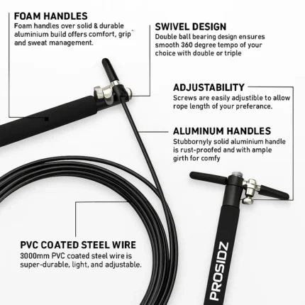 PROSIDZ adjustable speed jump rope with PVC coated steel wire, foam handles, and carry pouch
