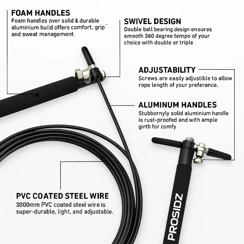 PROSIDZ adjustable speed jump rope with PVC coated steel wire, foam handles, and carry pouch