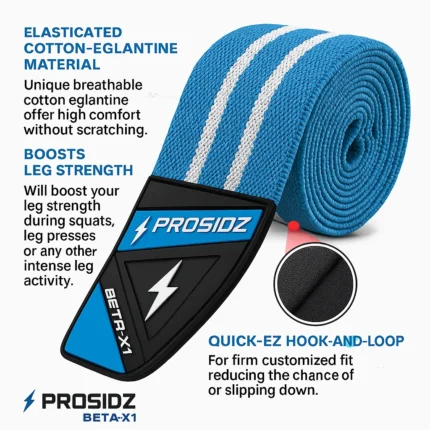 Close-up of PROSIDZ BETA-X1 knee wraps showing textured elastic fabric and reinforced stitching
