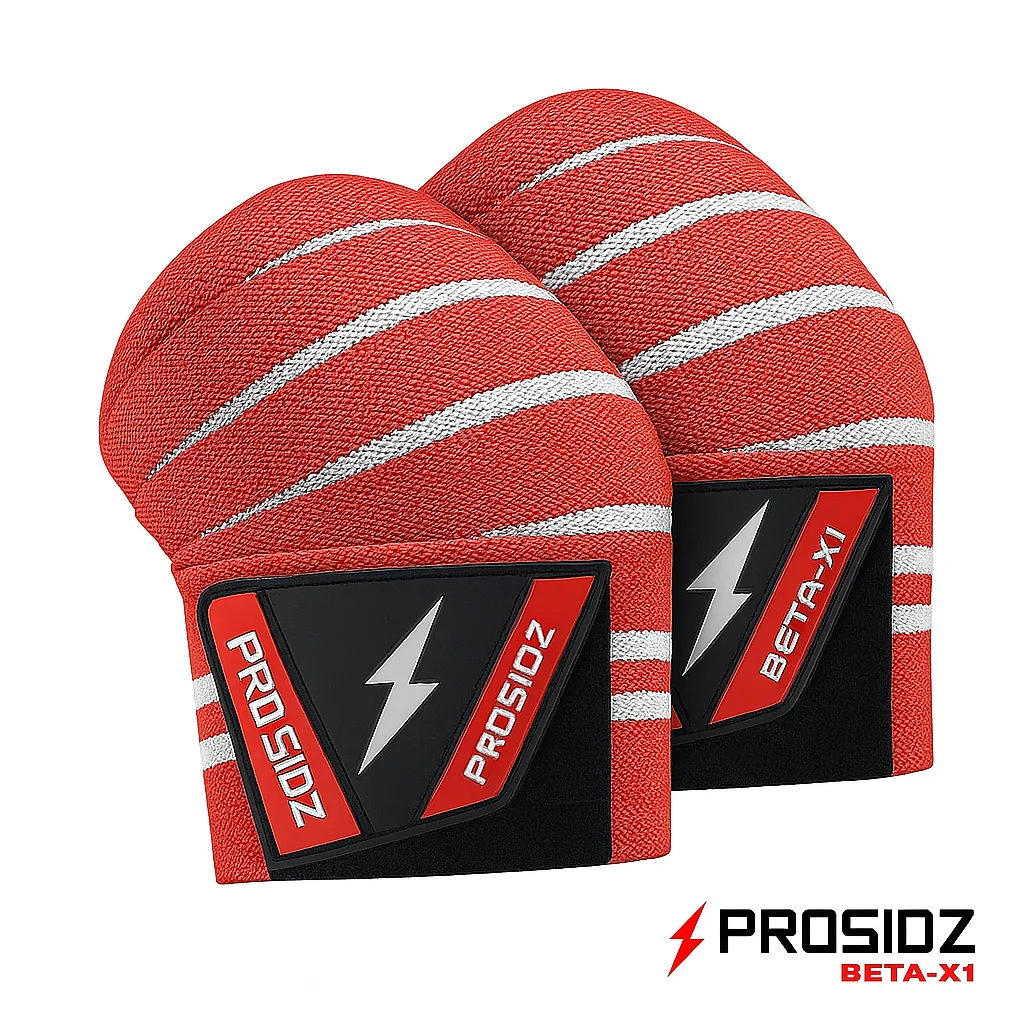 PROSIDZ BETA-X1 Knee Wraps Size Gui PROSIDZ BETA-X1 red knee wraps for gym training, squats, and weightlifting