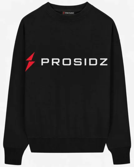 PROSIDZ black oversized crewneck sweatshirt with bold chest logo front view