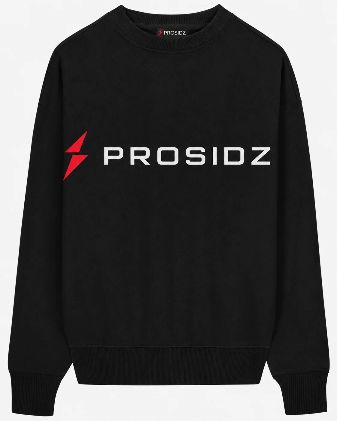 PROSIDZ Black Oversized Crewneck Sweatshirt Front View PROSIDZ black oversized crewneck sweatshirt with bold chest logo front view