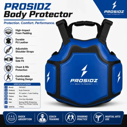 PROSIDZ body protector specification image showing PU leather foam padding and adjustable fit