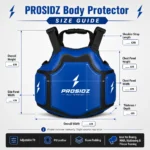 PROSIDZ body protector size guide with measurement points for chest panel shoulder strap and width