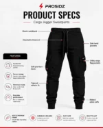 PROSIDZ men’s black cargo joggers back view with rear flap pocket and ribbed ankle cuffs