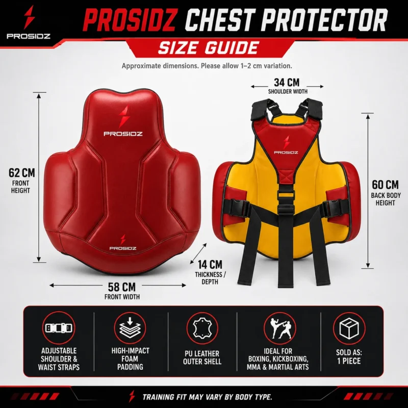 PROSIDZ red boxing chest protector front view with PU leather and foam padding