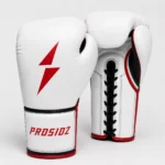 PROSIDZ competition boxing gloves size guide with white red lace-up gloves