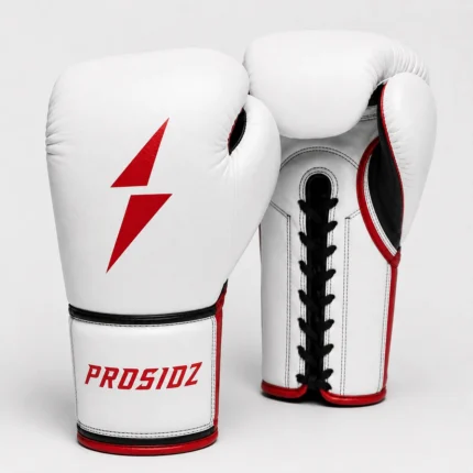 PROSIDZ competition boxing gloves size guide with white red lace-up gloves