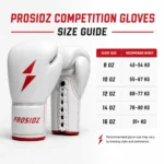 PROSIDZ competition boxing gloves size guide with white red lace-up gloves