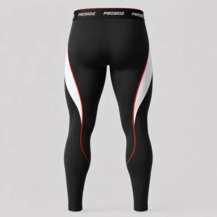 PROSIDZ men’s black compression leggings with red and white side panels, branded waistband and lower-leg logo