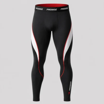 Back view of PROSIDZ men’s compression leggings with black performance fabric, contrast side panels and branded waistband