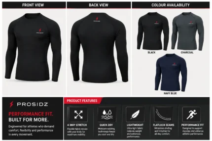 PROSIDZ long sleeve compression shirt available in black, charcoal and navy blue colour options