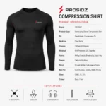 PROSIDZ long sleeve compression shirt size guide with chest, waist, sleeve and length measurements