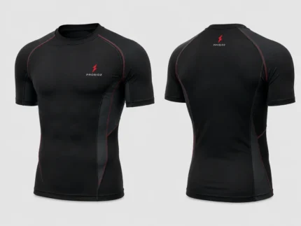 PROSIDZ men’s black short sleeve compression shirt with red stitching, chest logo and slim athletic fit
