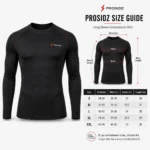 PROSIDZ men’s compression shirt product specification image with 4-way stretch, quick-dry fabric and flatlock seams