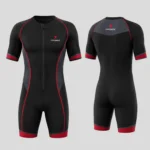 PROSIDZ men’s short sleeve compression suit with front zipper, red accents, chest logo and slim athletic fit