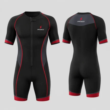 PROSIDZ men’s short sleeve compression suit with front zipper, red accents, chest logo and slim athletic fit