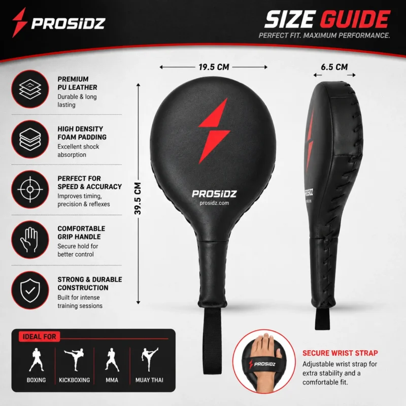 PROSIDZ focus pad size guide showing 39.5 cm length 19.5 cm width and 6.5 cm thickness