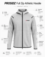 PROSIDZ men’s light grey full zip athletic hoodie with black zipper and front pockets