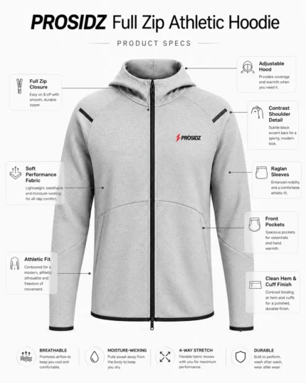 PROSIDZ men’s light grey full zip athletic hoodie with black zipper and front pockets